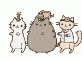 a group of cats are standing next to each other and one of them is wearing a party hat .