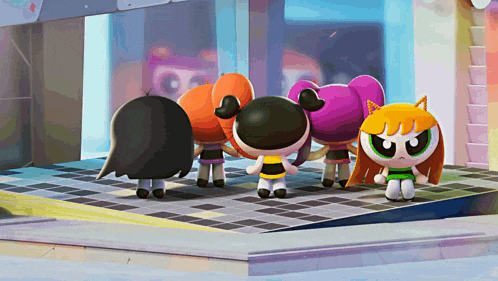 a group of cartoon characters standing on a sidewalk including buttercup