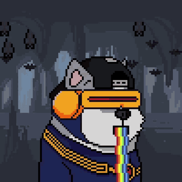 a pixel art of a cat wearing headphones and a hat that says bb on it