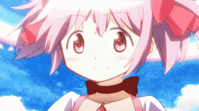 a close up of a girl with pink hair and a red choker