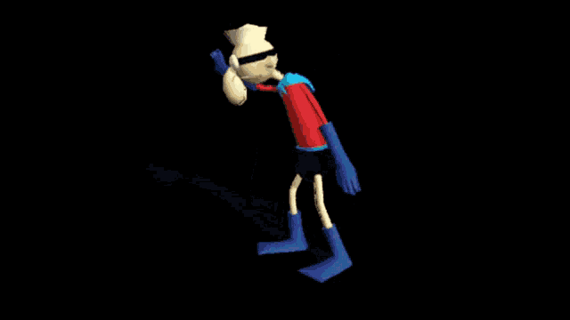 a computer generated image of a skeleton with a blue and red outfit