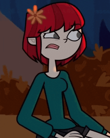 a cartoon girl with red hair and a flower in her hair is making a funny face