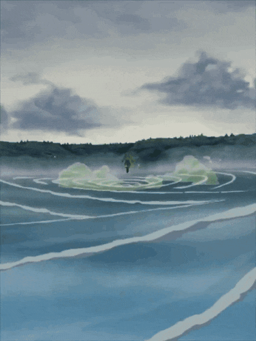 a painting of a person flying over a lake with a cloudy sky