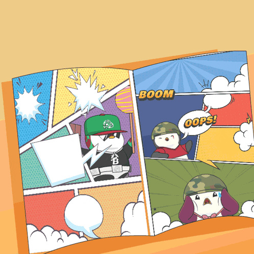 a comic book is open to a page that says " boom " and " oops "