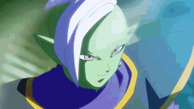 a close up of a cartoon character with green hair and a purple collar