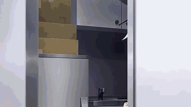 a person is standing in a kitchen with boxes on the shelf