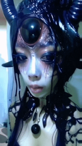 a close up of a woman 's face with horns on her head