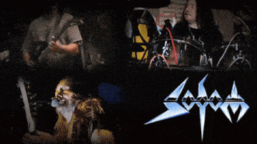 a man singing into a microphone next to a man playing drums