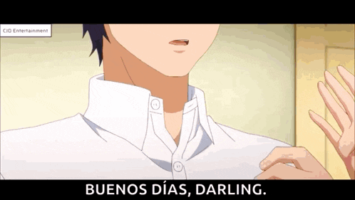 a man in a white shirt with the words buenos dias darling on the bottom