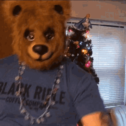 a person wearing a teddy bear mask and a black rifle shirt