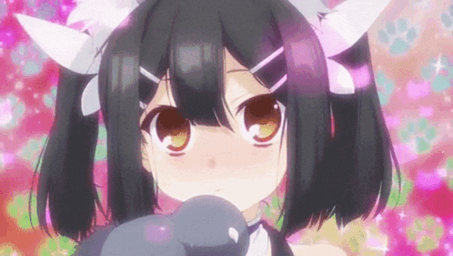 a girl with pigtails is holding a stuffed animal in front of a pink background .
