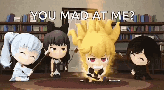 a group of anime characters are sitting around a table with the words `` you mad at me '' .