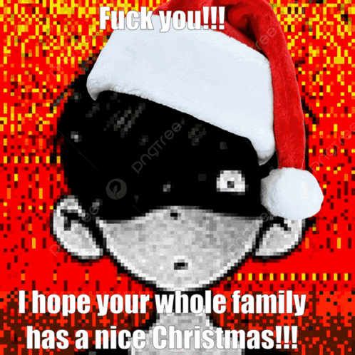 a pixel art of a man wearing a santa hat says fuck you !!!