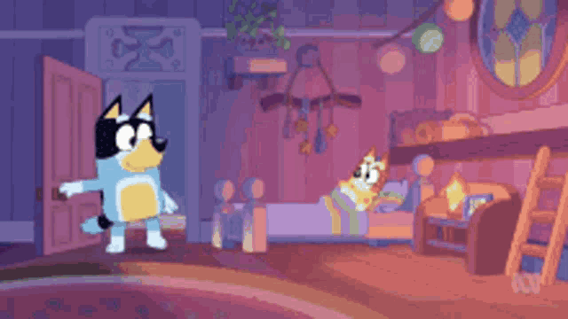 a cartoon character is standing in a room with a bed and a ladder .