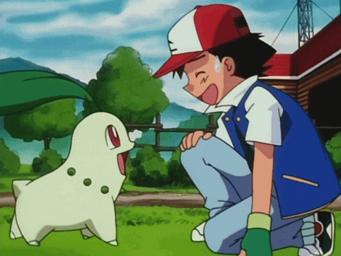 a cartoon character named ash is kneeling next to a chibi