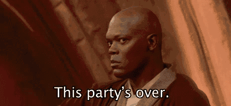 a bald man is standing in front of a wall and says `` this party 's over . ''