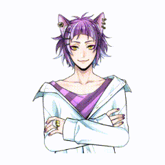 a cartoon character with purple hair and ears is surrounded by greenery