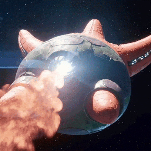 a space ship with a flame coming out of it 's tail