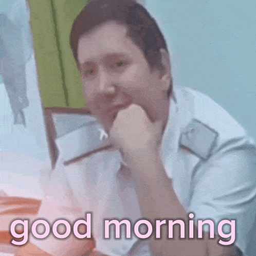 a man with his hand on his chin and the words good morning below him