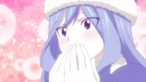 a girl with blue hair is covering her face with her hands