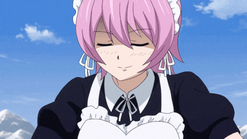 a girl with pink hair is wearing a black and white maid outfit