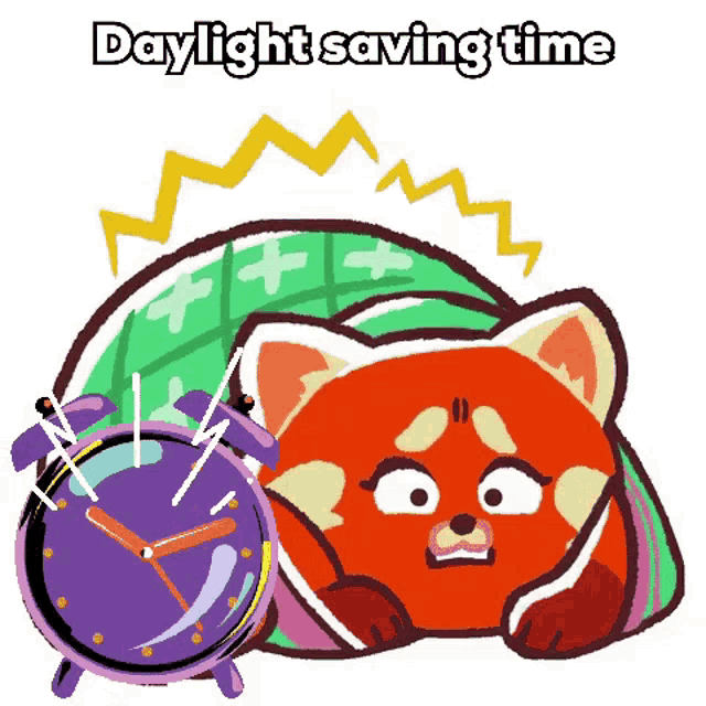 a red panda is laying under a blanket next to an alarm clock with the words daylight saving time above it