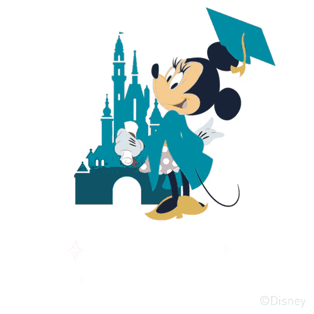 an illustration of minnie mouse wearing a graduation cap and gown with the words " proud of you "