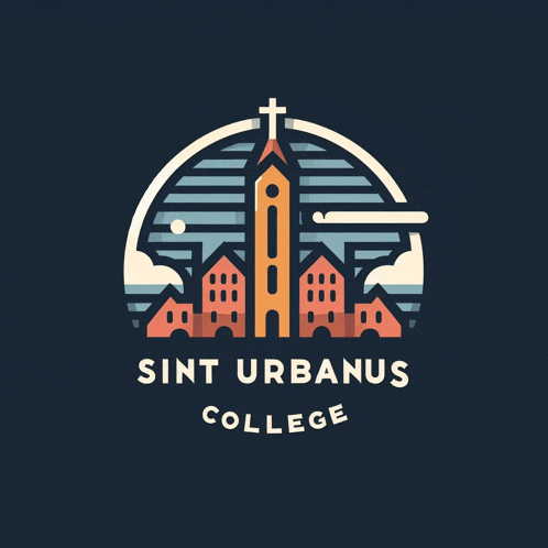 a logo for sint urbanus college shows a church with a cross on top of it