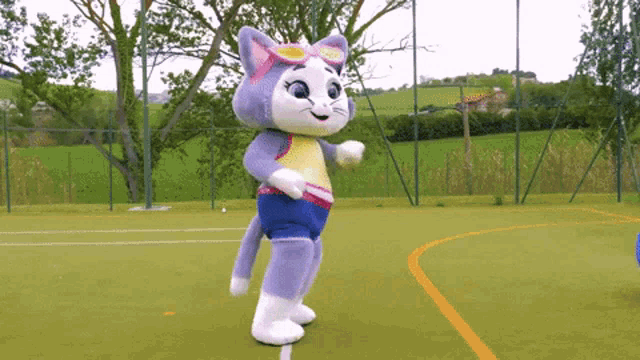 a cat mascot is dancing on a field