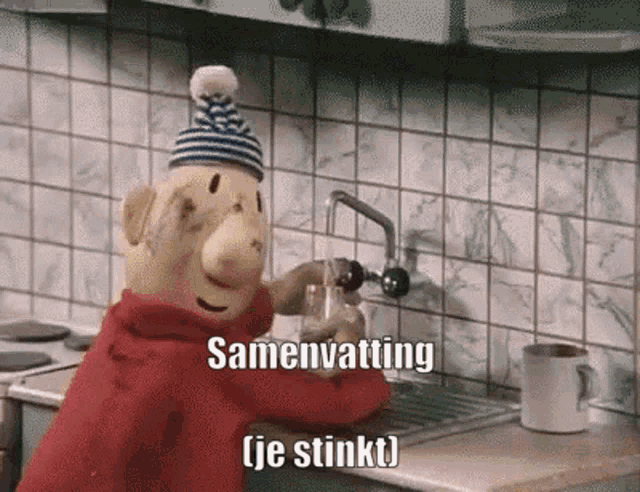 a cartoon character is pouring water into a bottle with the words samenvatting ( je stinkt ) below him