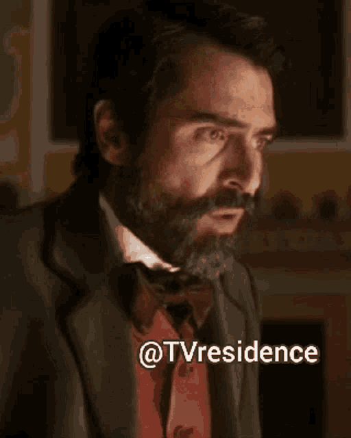 a man with a beard is wearing a suit and tie and has the hashtag @tvresidence written below him .