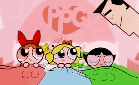 a cartoon of the powerpuff girls laying in bed with a man standing above them
