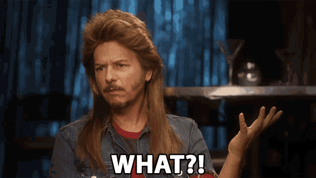 a man with long hair and a beard says " what ? "