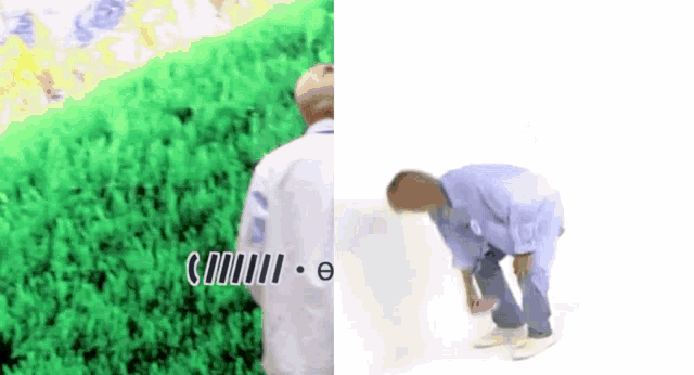 a man is kneeling down in front of a green field with the word chill on the bottom left
