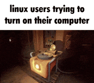 a screenshot of a video game with the words linux users trying to turn on their computer