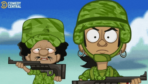 a cartoon of two soldiers from comedy central holding guns