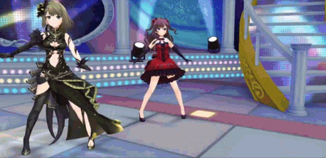 two anime girls are dancing on a stage with lights