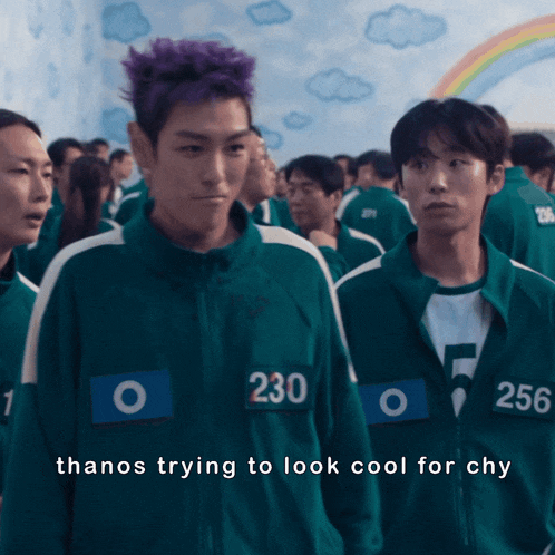 thanos trying to look cool for chy is written on a picture