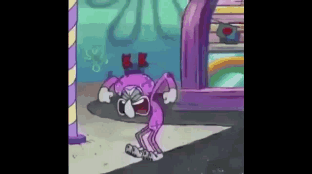 a cartoon character in a purple outfit is standing on a street .