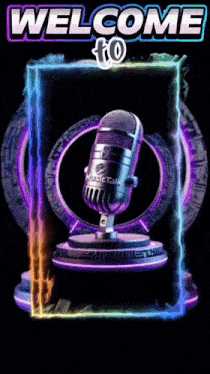 a welcome to musictalk sign with a microphone