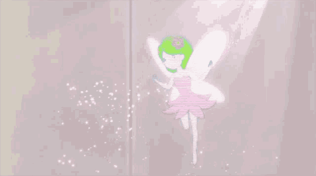a fairy with a pink dress and green hair is flying in the air