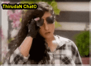 a woman wearing sunglasses and a plaid shirt is looking through binoculars with the words thiruda n chat on the bottom