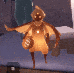 a character in a video game holding a lyre with the letter l in the corner
