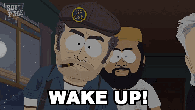 a cartoon of a man with a sp cab hat says wake up