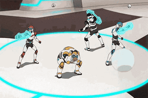 a group of cartoon characters are standing in a circle on a table .