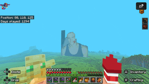 a person is playing a video game called minecraft with a giant man in the background