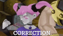 a cartoon character with pink hair and the word correction in the corner