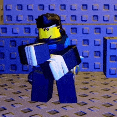 a lego character is dancing in a room with a lot of blue blocks .
