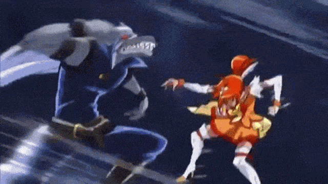 a cartoon of a girl fighting a werewolf in a dark room