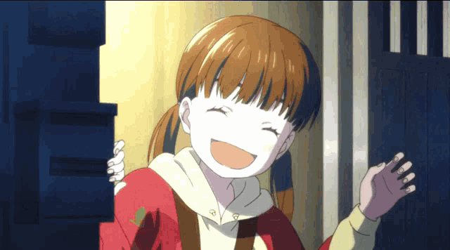 a girl with brown hair is smiling and waving her hand